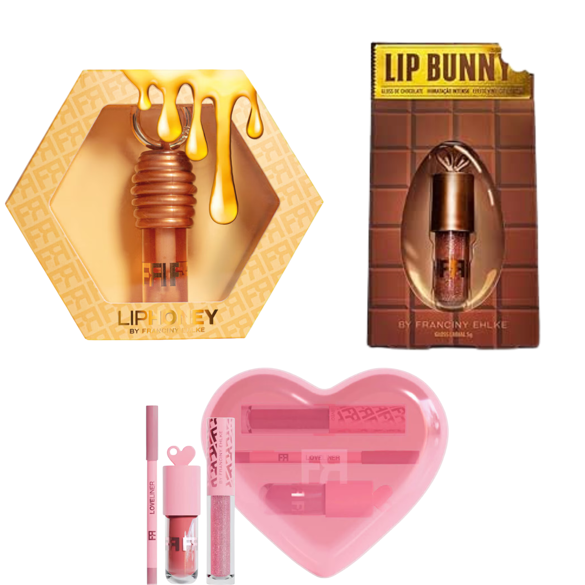 🔥 KIT LIP LOVE, BUNNY & HONEY DA FRANCINY EHLKE – LEVE 3 PAGUE 1! + 3 CHAVEIROS SORTIDOS